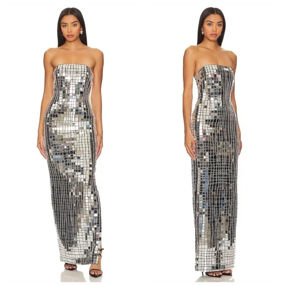 Retrofete Strapless Bodycon Metallic Imani Dress Evening Gown Silver XS - Picture 3 of 16